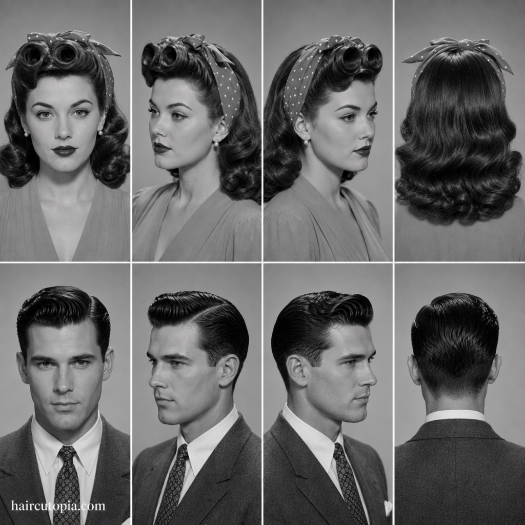 1940s hair trends for men and women shown from front, left, right, and back views