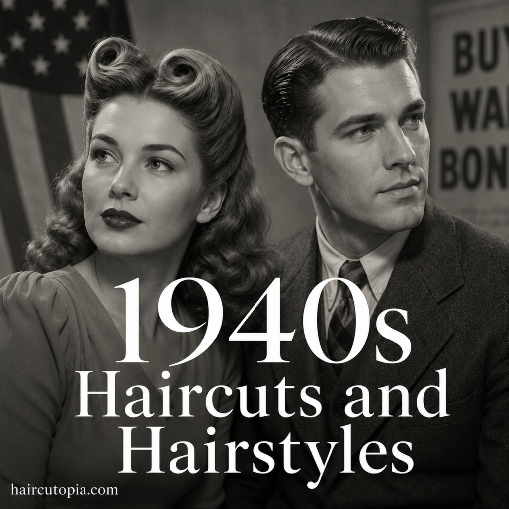 Man and woman wearing authentic 1940s hairstyles featuring classic victory rolls and a polished side-part haircut.