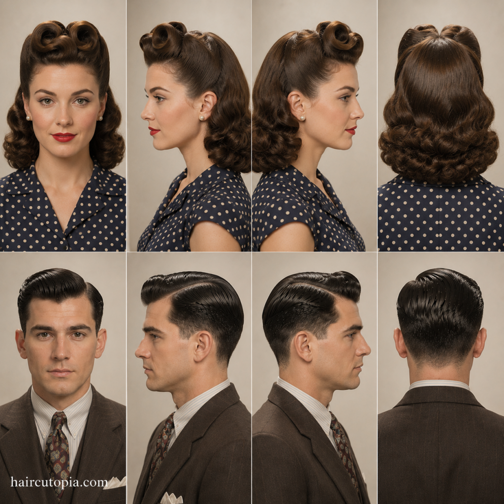 Front, left, right, and back views of authentic 1940s hairstyles featuring a woman with victory rolls and vintage curls and a man with a classic tapered side-part haircut.