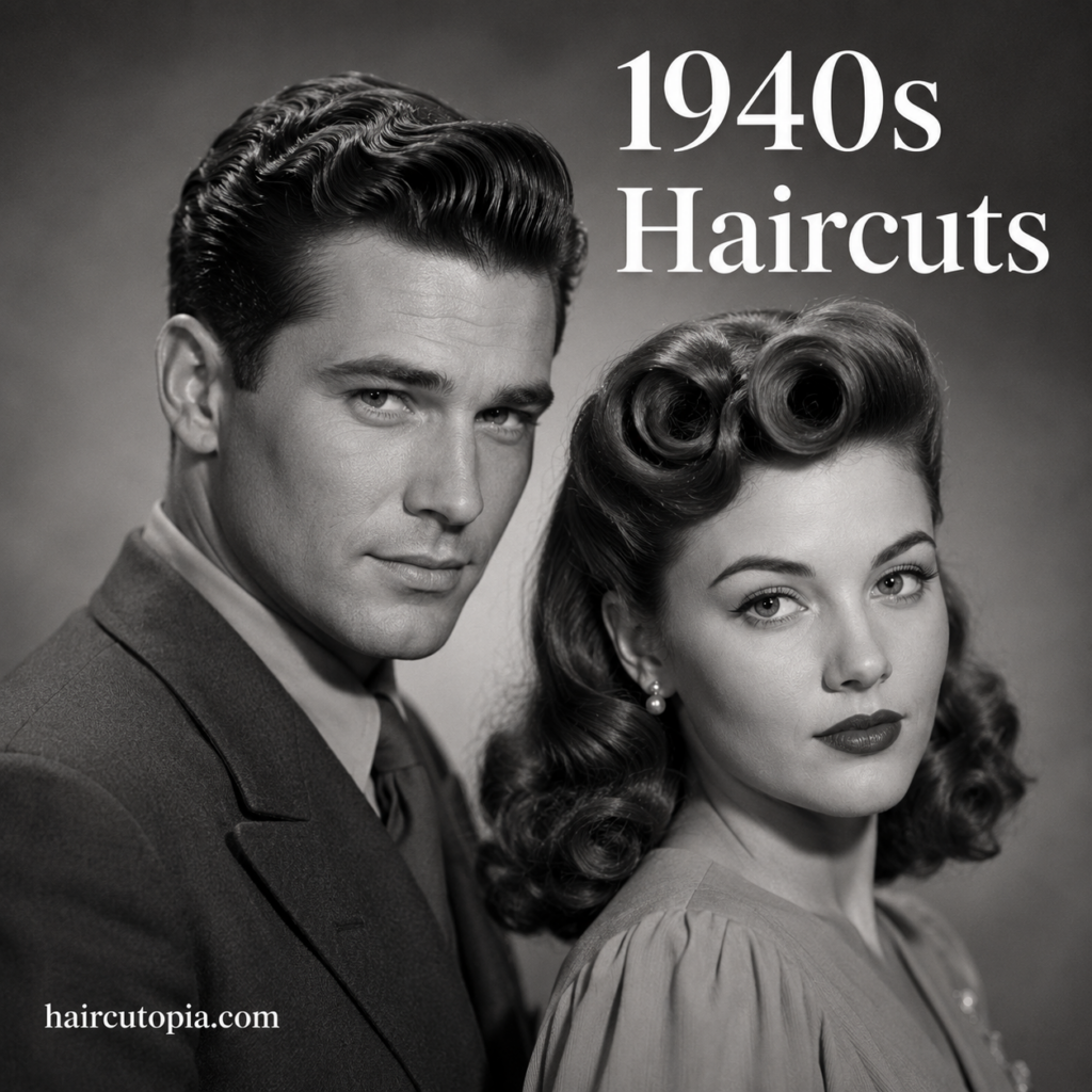 1940s haircuts for men and women featuring a classic side-parted men’s hairstyle and vintage victory rolls