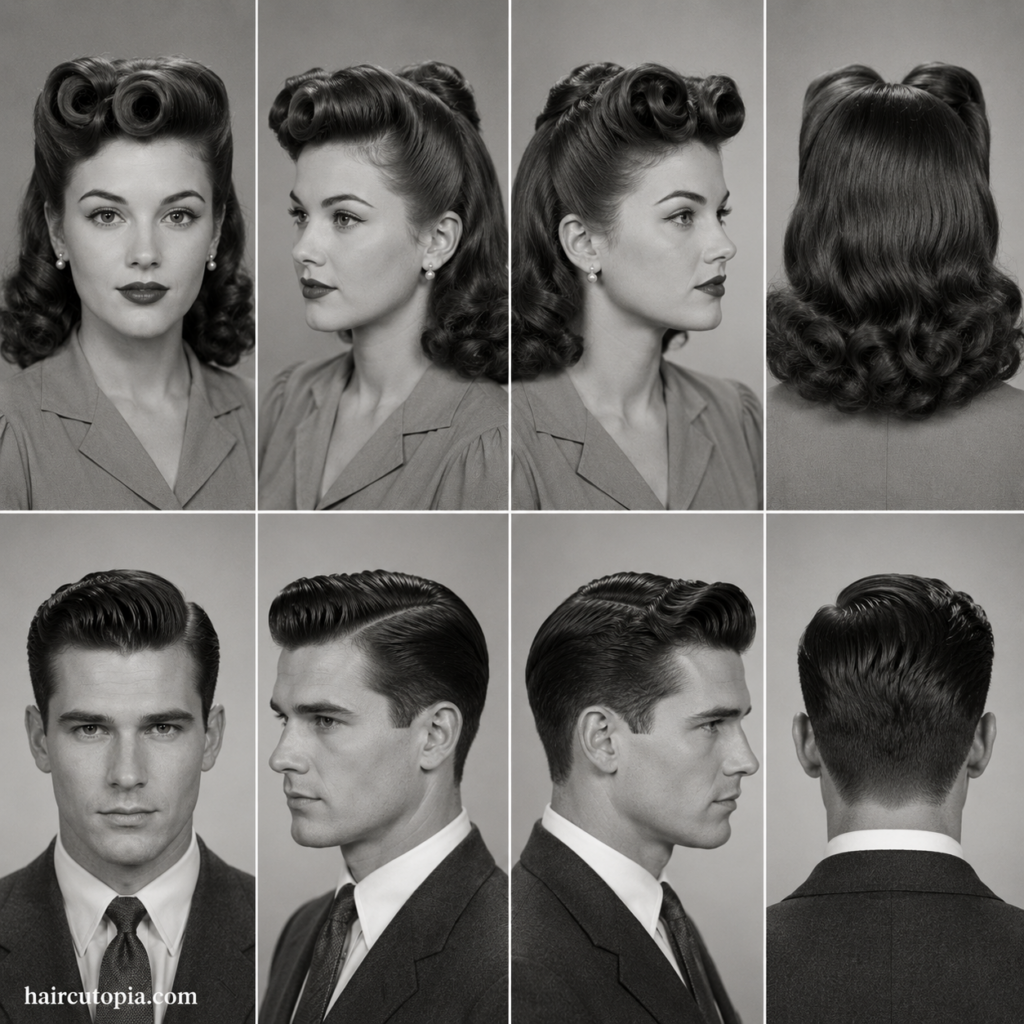 1940s haircuts for men and women shown from front, left, right, and back views