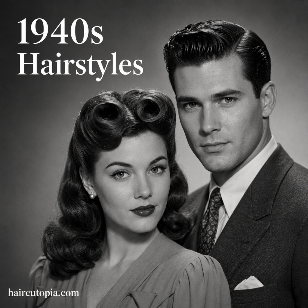 1940s hairstyles for men and women featuring victory rolls, vintage waves, and a classic side-parted men’s style