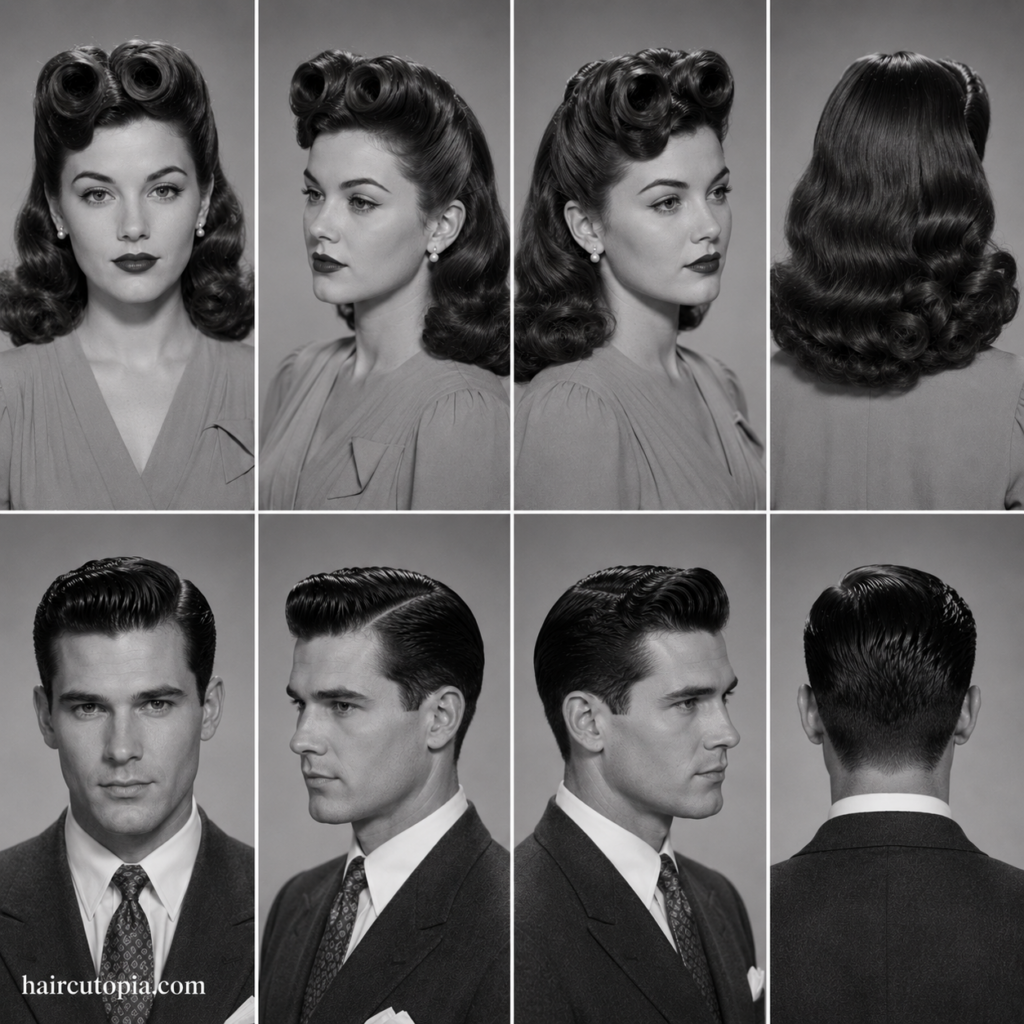 1940s hairstyles for men and women shown from front, left, right, and back angles