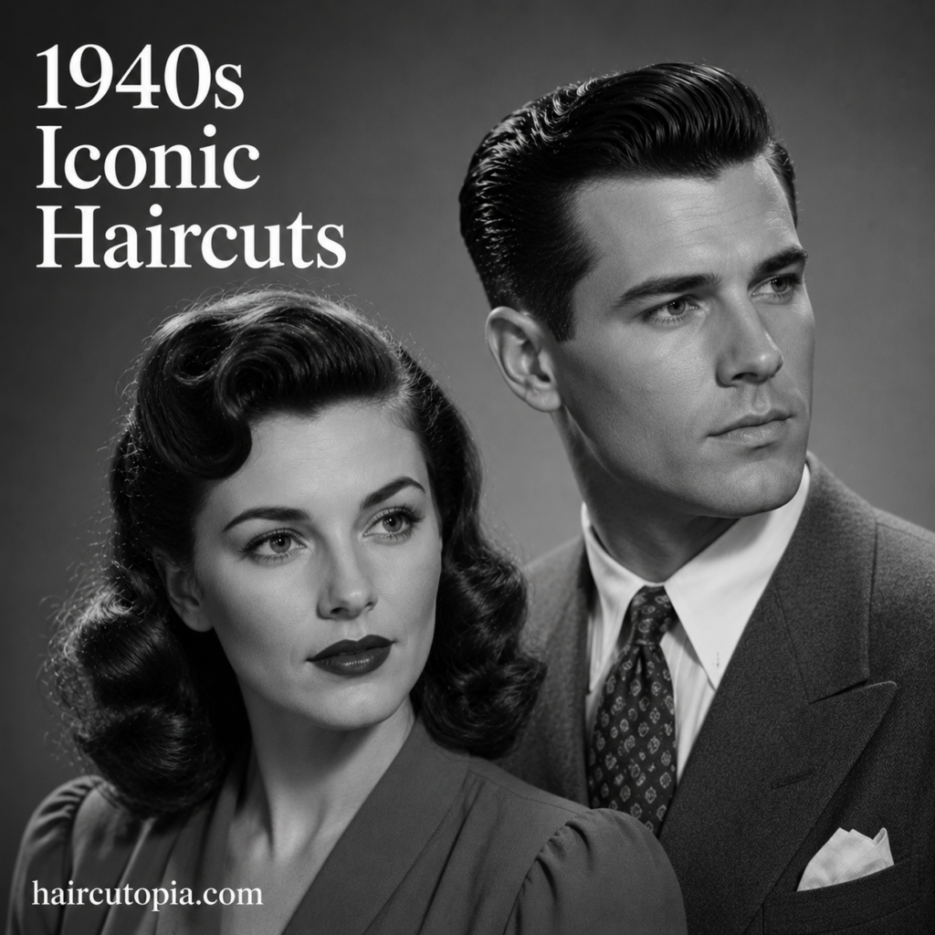 Iconic 1940s haircuts for men and women featuring vintage waves and a classic swept-back men’s hairstyle