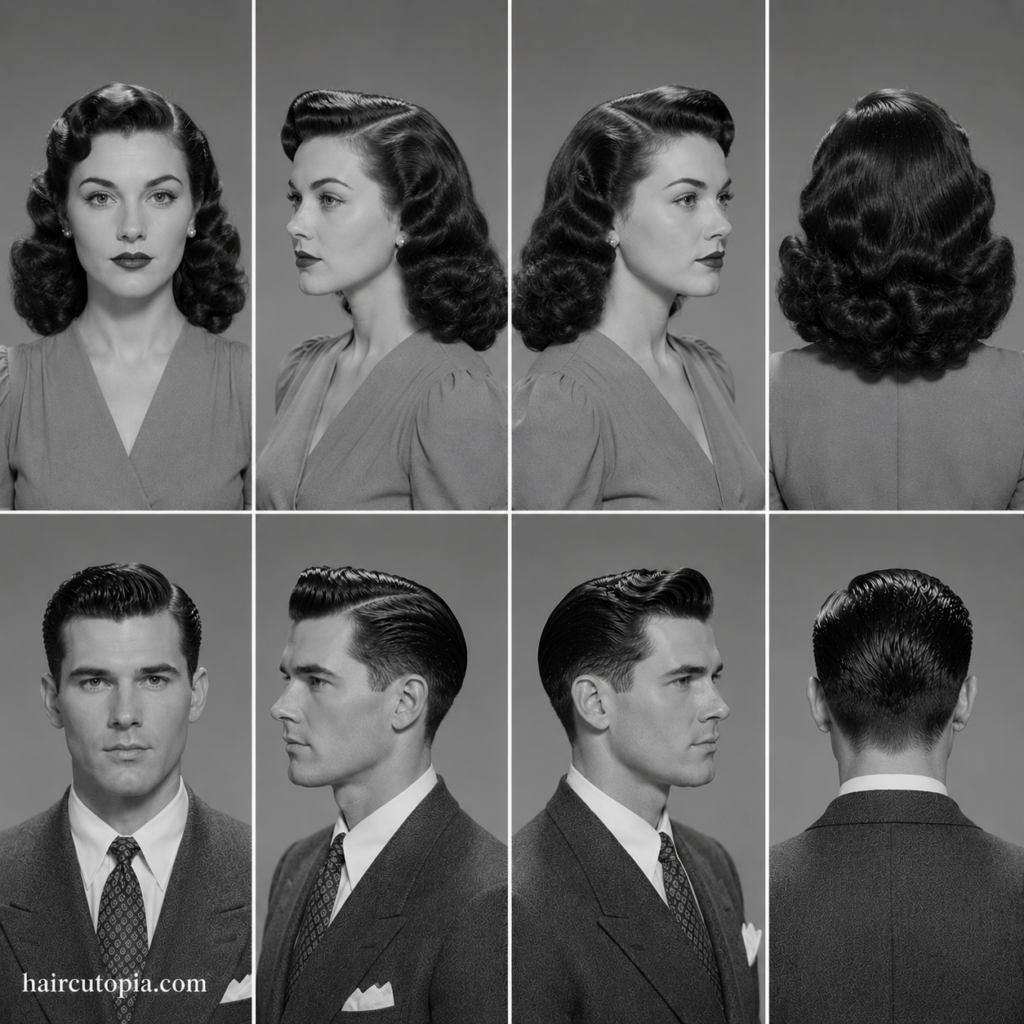 Iconic 1940s haircuts for men and women shown from front, left, right, and back views
