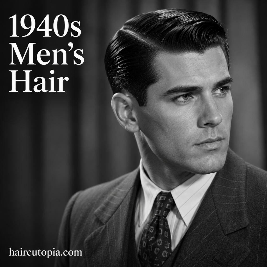 1940s men’s hair with a classic side part, slicked finish, and neatly tapered sides