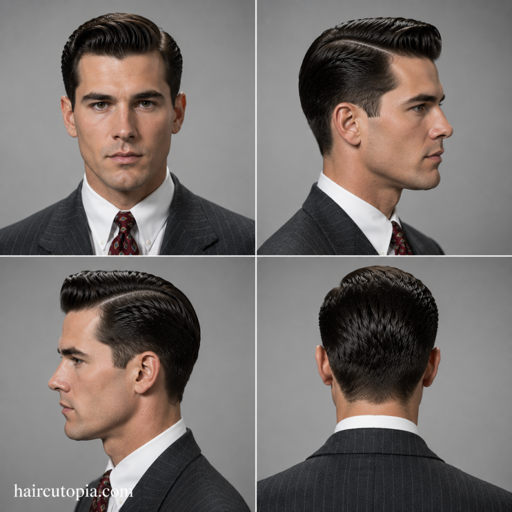 1940s men’s hair with a classic side part shown from front, left, right, and back views