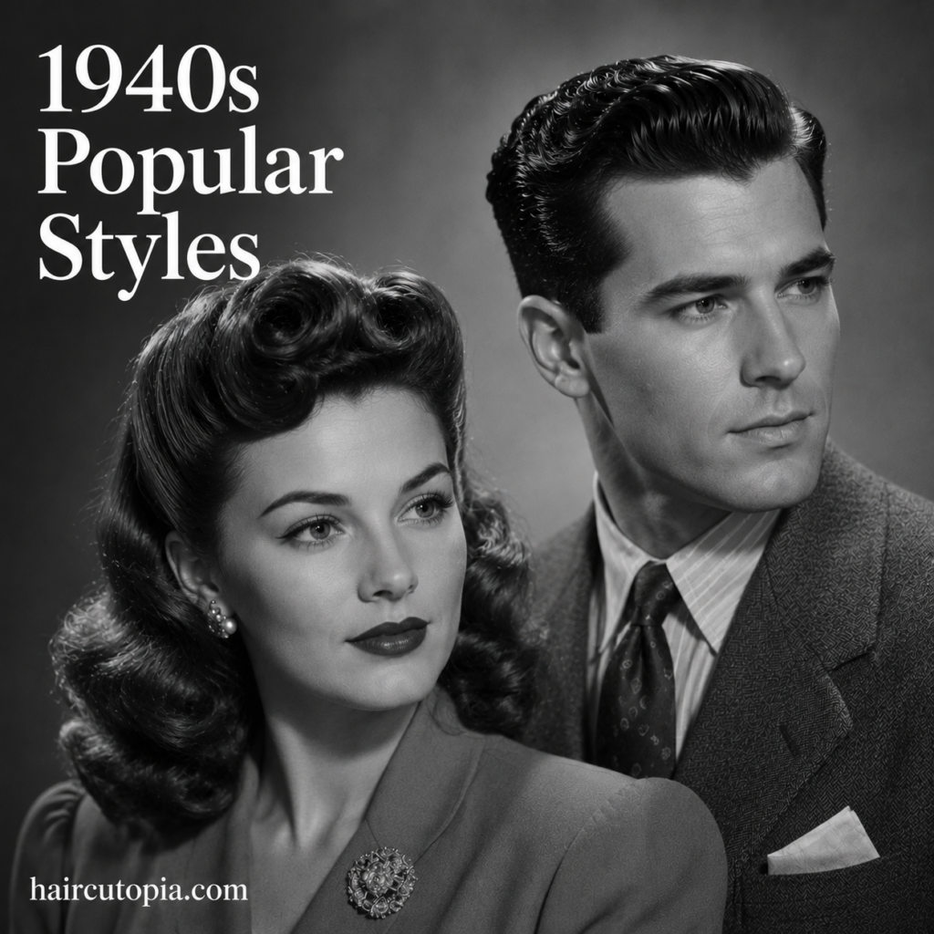 1940s popular hair styles for men and women featuring victory rolls, vintage curls, and a classic groomed men’s hairstyle