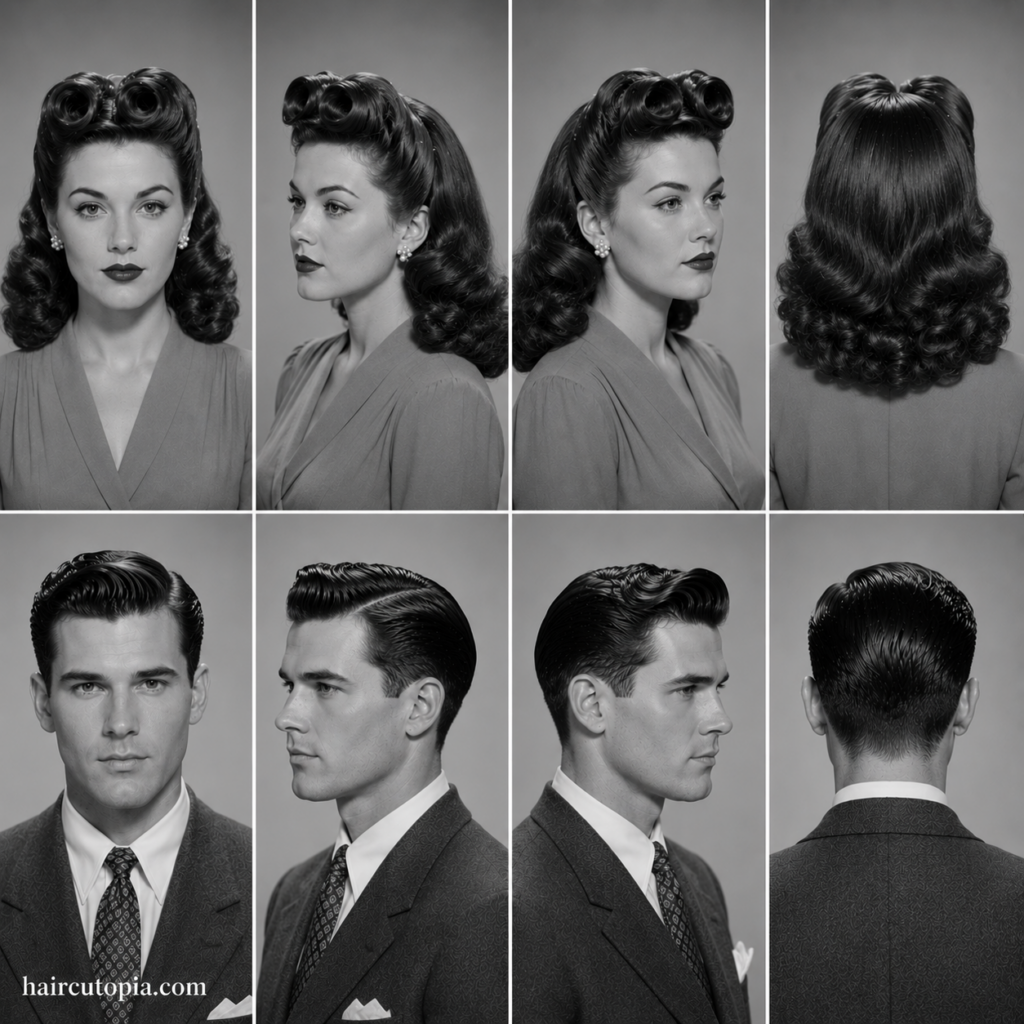 Popular 1940s hair styles for men and women shown from front, left, right, and back views