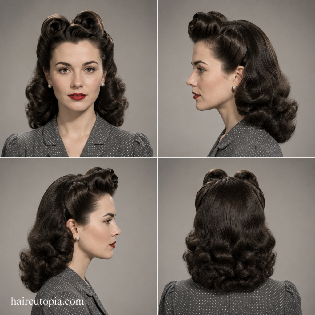 1940s women’s hair with victory rolls and vintage curls shown from front, left, right, and back views