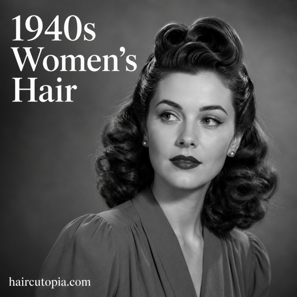 1940s women’s hair featuring victory rolls and polished vintage curls