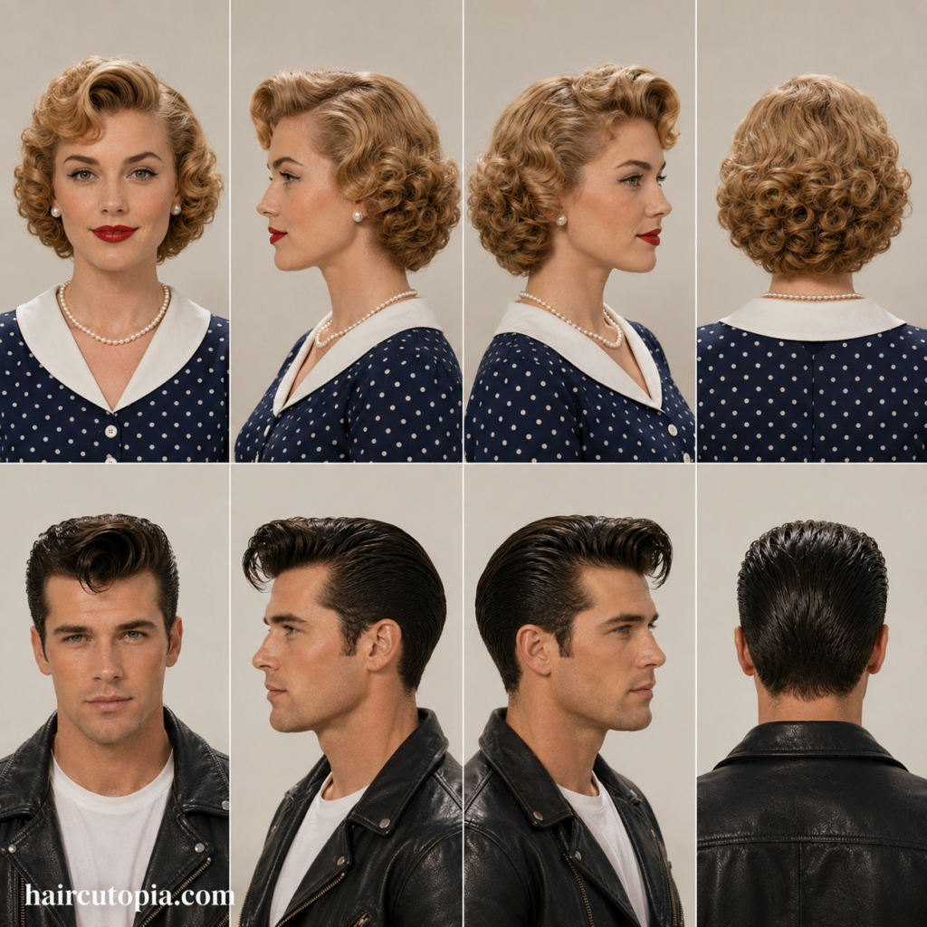 1950s hair trends for men and women shown from front, left, right, and back views