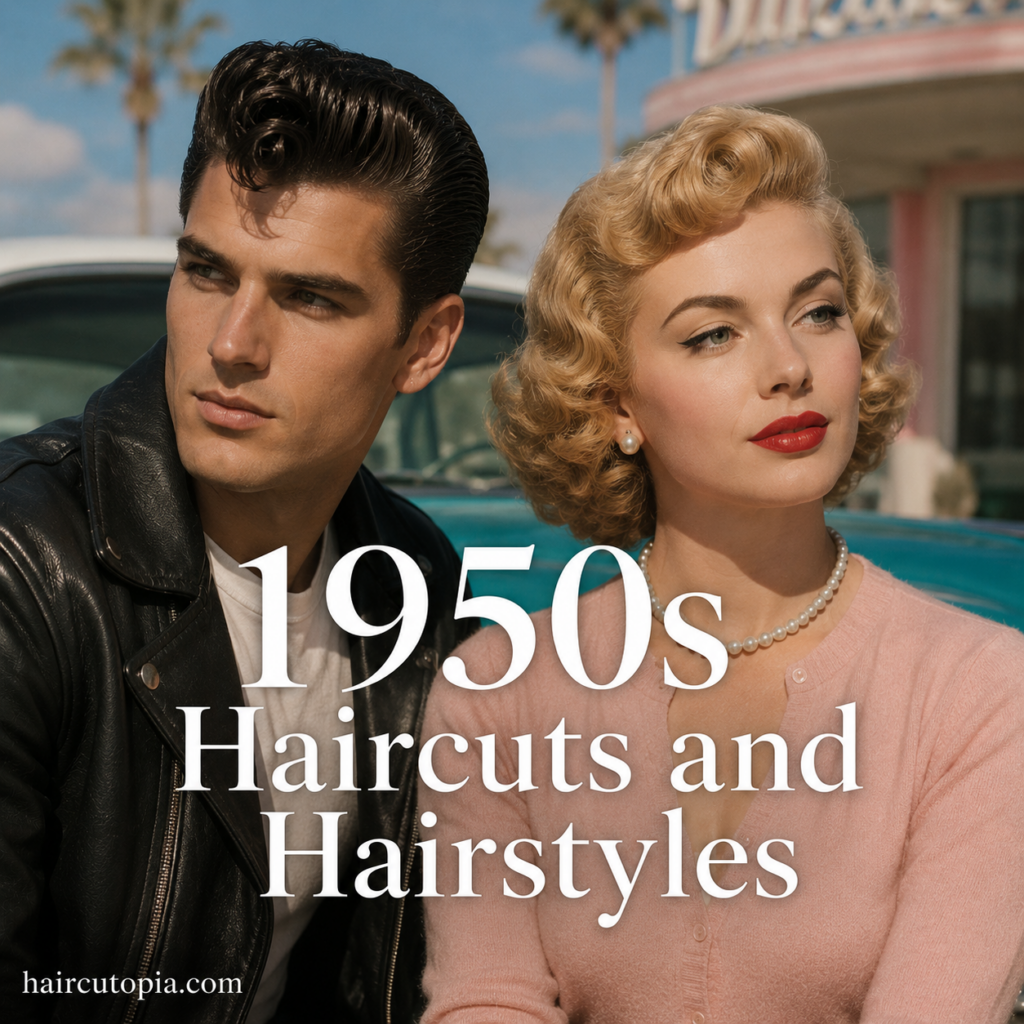 Man and woman wearing authentic 1950s hairstyles featuring glamorous Hollywood curls and a classic pompadour hairstyle.