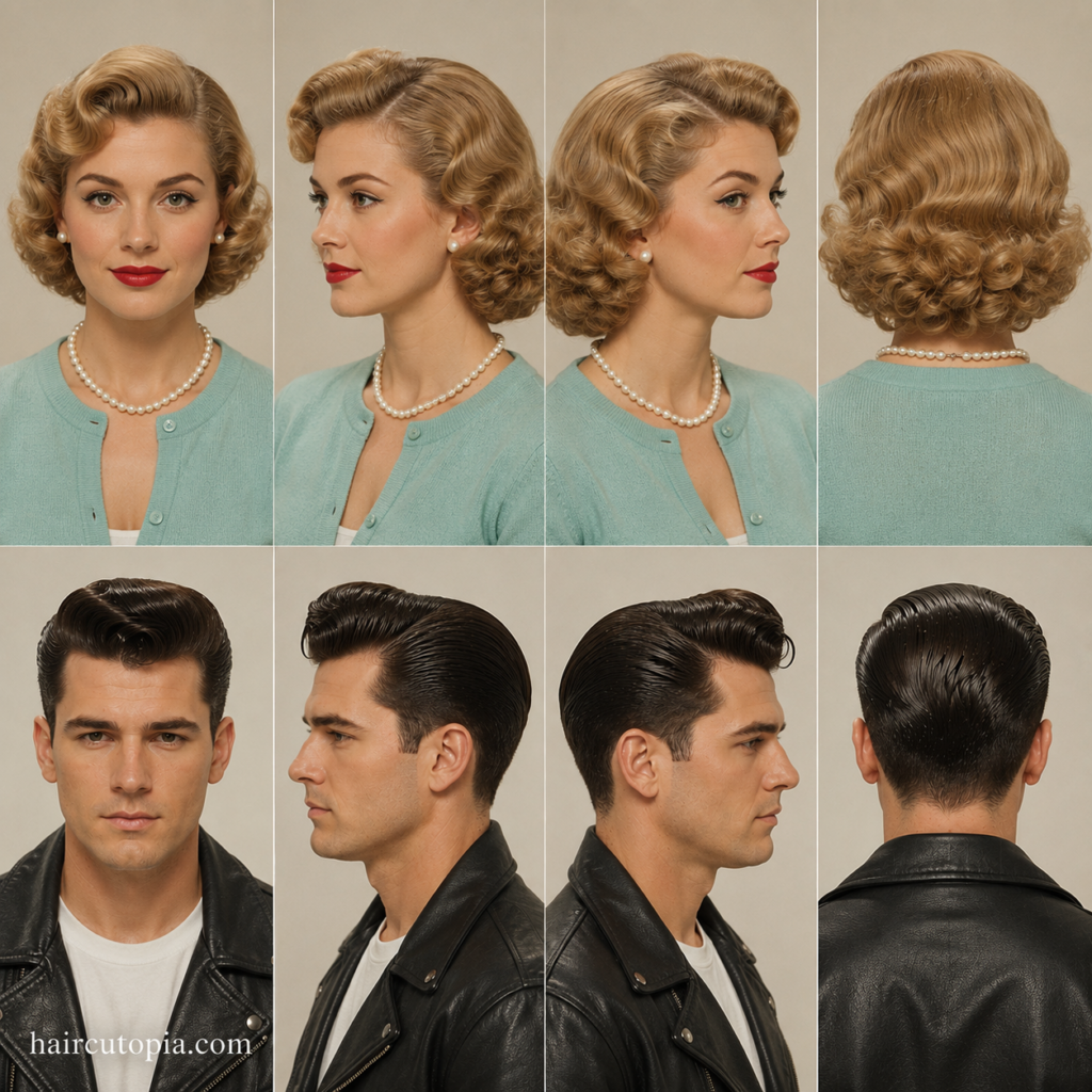 Front, left, right, and back views of 1950s hairstyles featuring a woman with sculpted vintage curls and a man with a classic pompadour haircut.