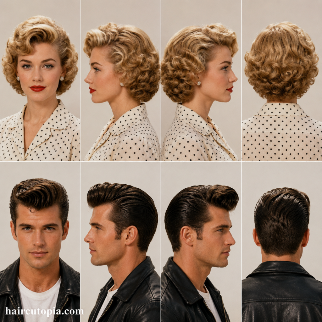 1950s haircuts shown from front, left, right, and back views for men and women