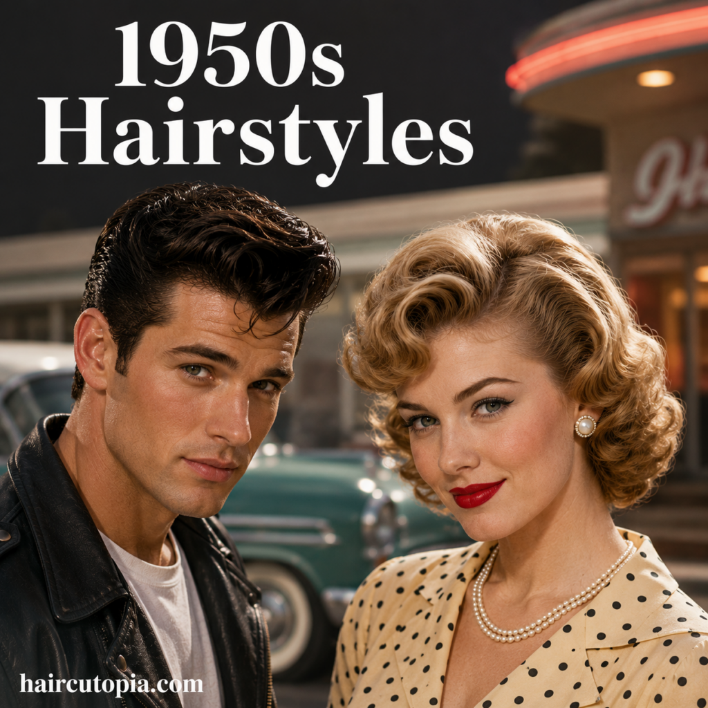 1950s hairstyles for men and women featuring vintage curls and a classic slicked pompadour