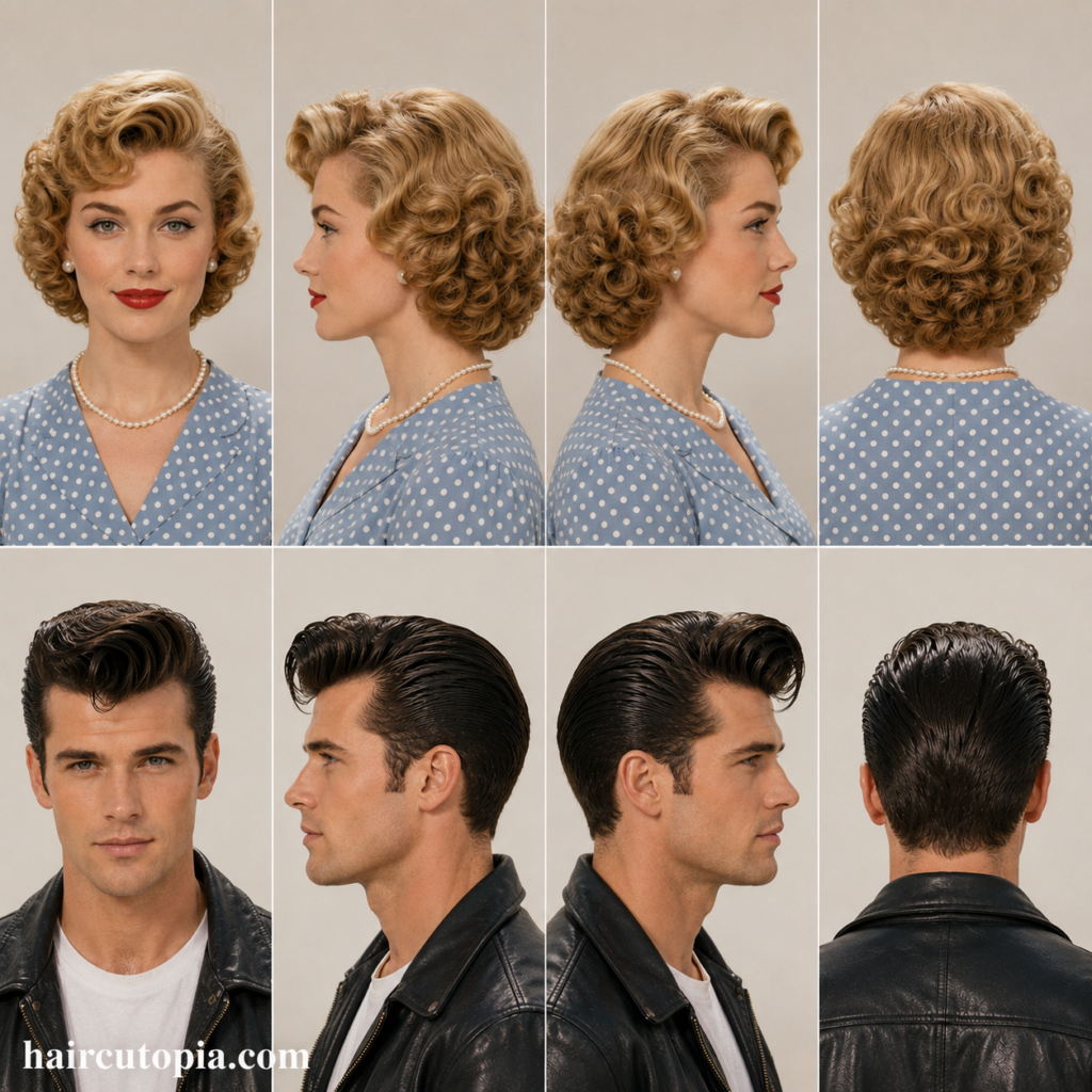 1950s hairstyles for men and women shown from front, left, right, and back angles