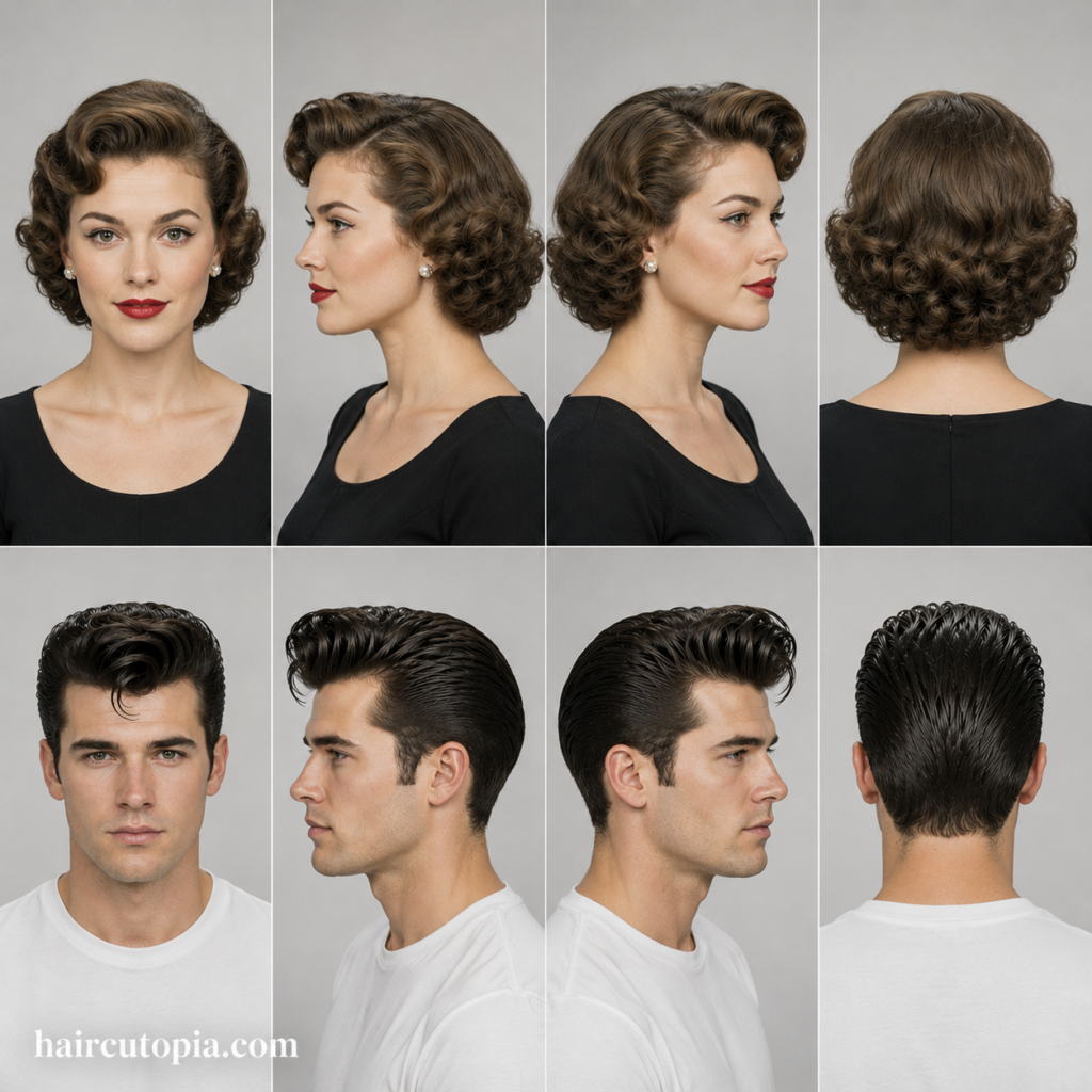 Front, left, right, and back views of iconic 1950s haircuts for women and men, featuring vintage curls and a classic pompadour