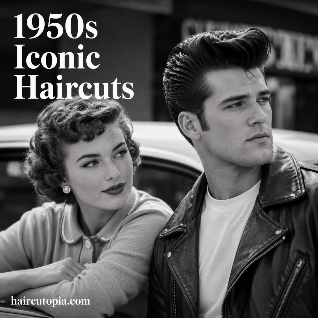 1950s iconic haircuts for men and women featuring vintage curls and a classic pompadour