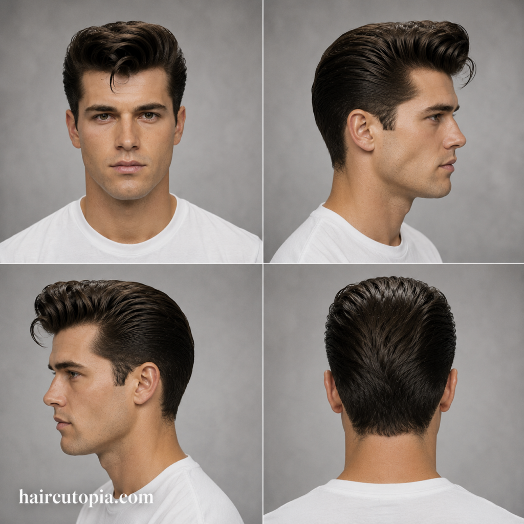 Front, left, right, and back views of a classic 1950s men's pompadour hairstyle
