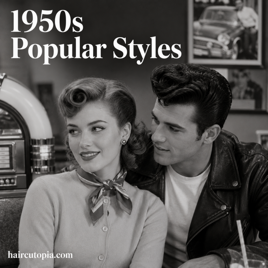 Popular 1950s hair styles for men and women featuring vintage curls and a classic pompadour