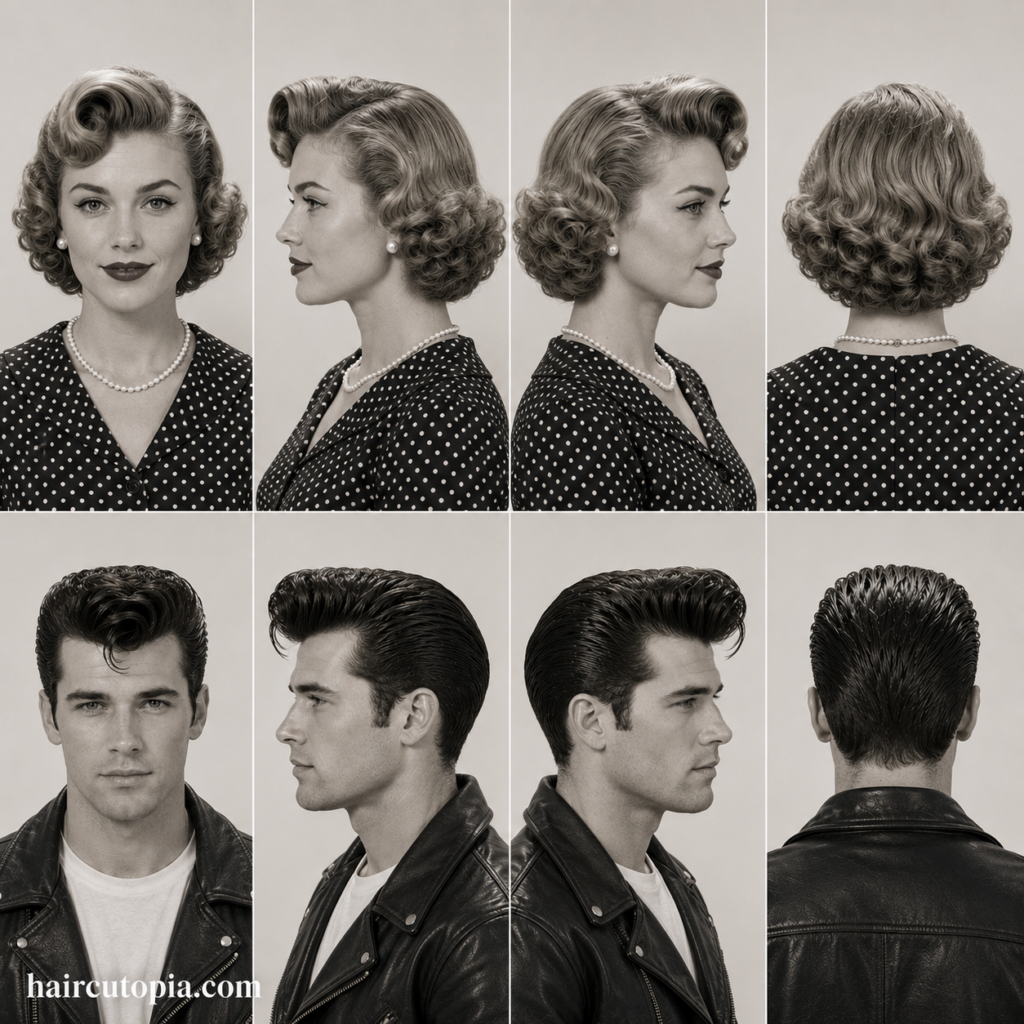 Popular 1950s hairstyles for men and women shown from front, left, right, and back views