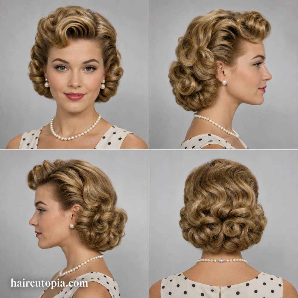 Front, left, right, and back views of a classic 1950s women's curled hairstyle