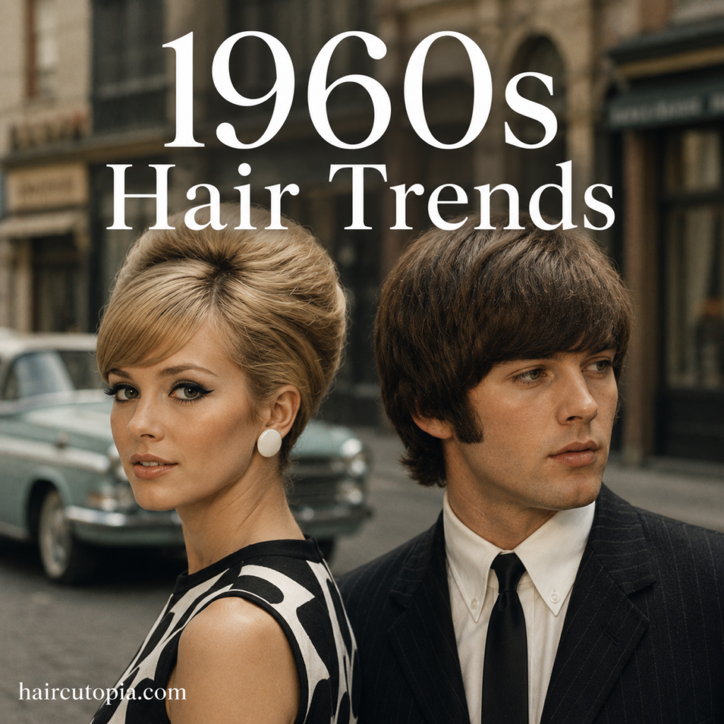 Man and woman showcasing iconic 1960s hair trends with a voluminous beehive hairstyle and a classic mop top on a vintage city street.