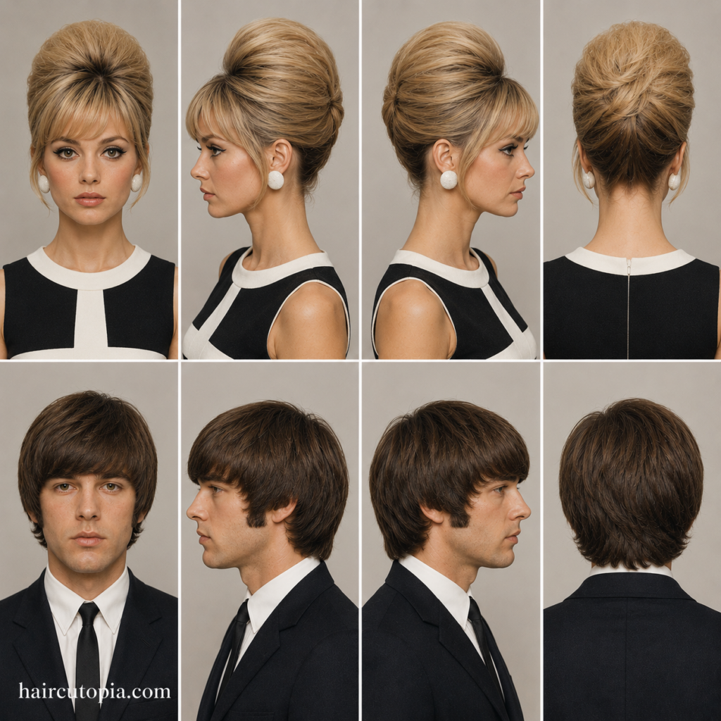 Front, left, right, and back views of iconic 1960s hair trends featuring a woman's beehive hairstyle and a man's classic mop top haircut.