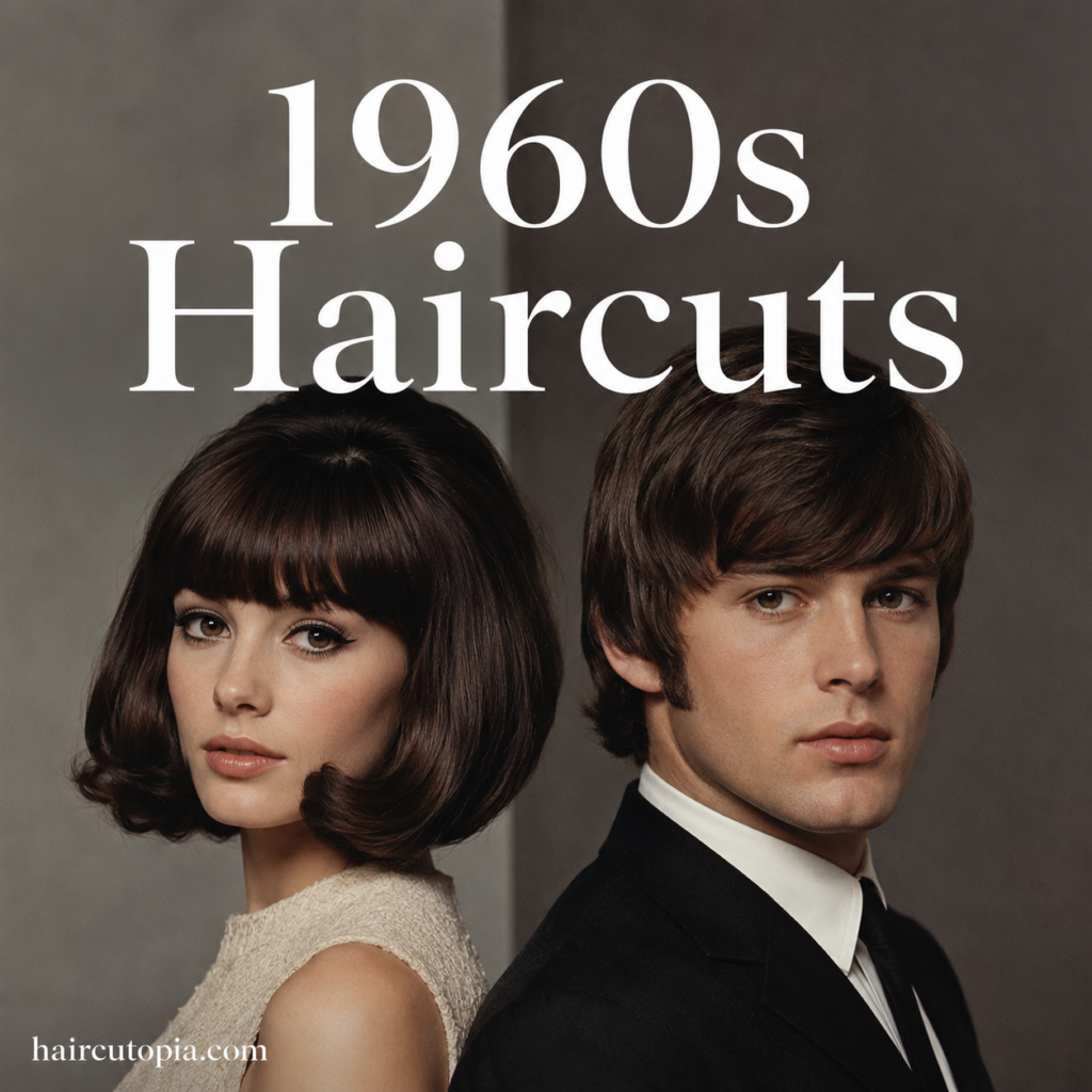 Man and woman showcasing iconic 1960s haircuts including a vintage bob and classic mop top hairstyle.
