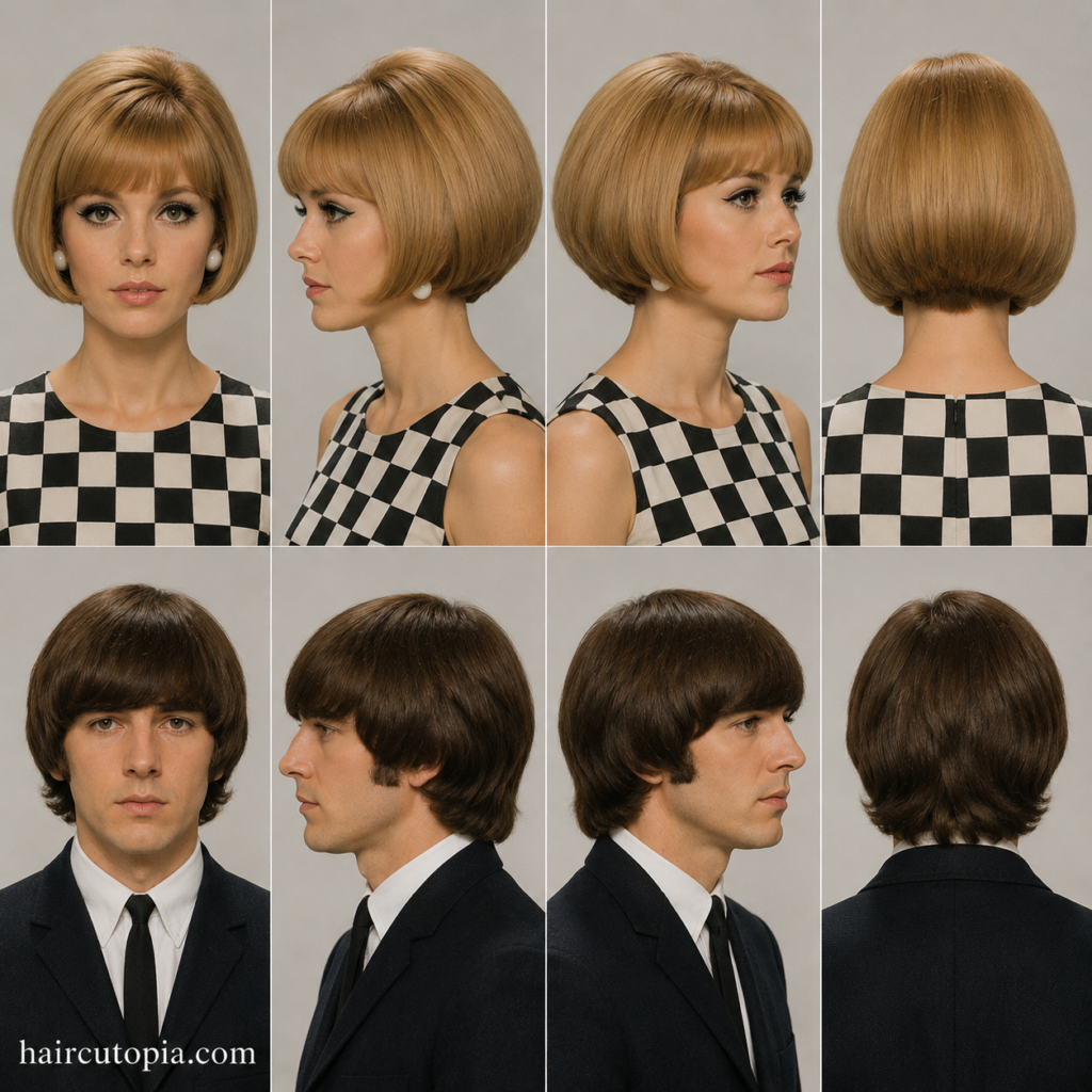 Front, left, right, and back views of 1960s hairstyles featuring a woman with a rounded Mod bob and a man with a classic mop-top haircut.
