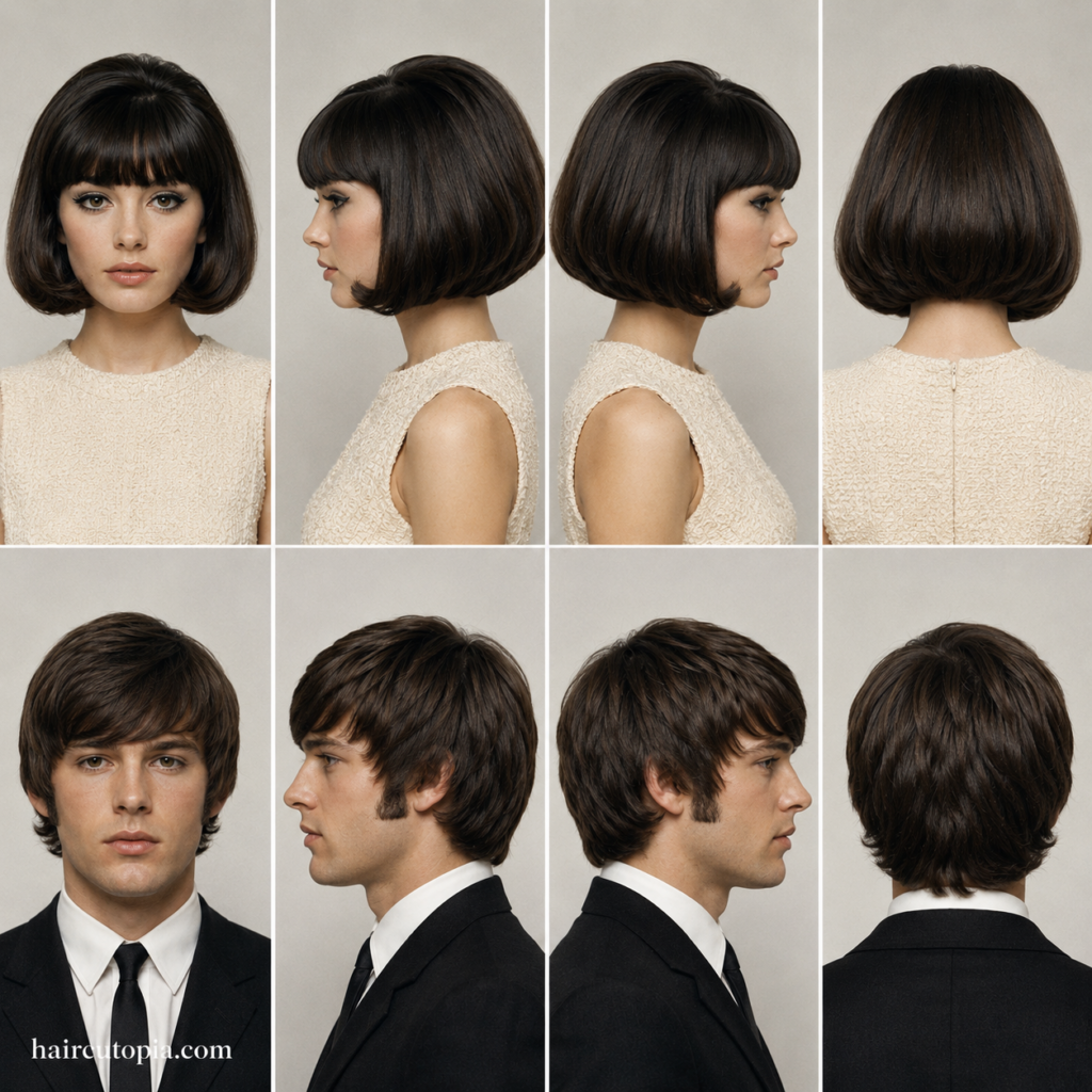 Front, left, right, and back views of classic 1960s haircuts for a woman with a vintage bob and a man with a traditional mop top hairstyle.