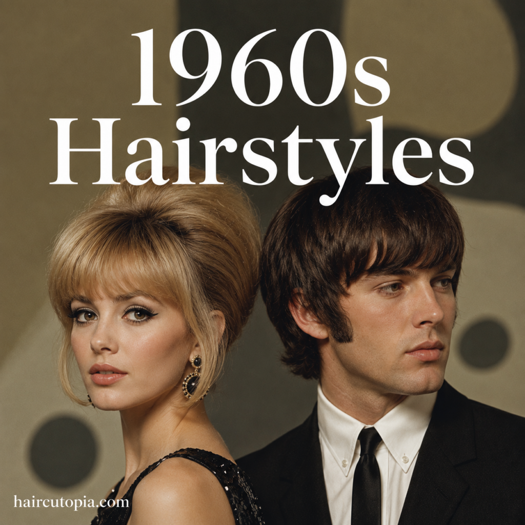 Man and woman showcasing iconic 1960s hairstyles, including a glamorous beehive updo and a classic mop top, in a vintage editorial portrait.