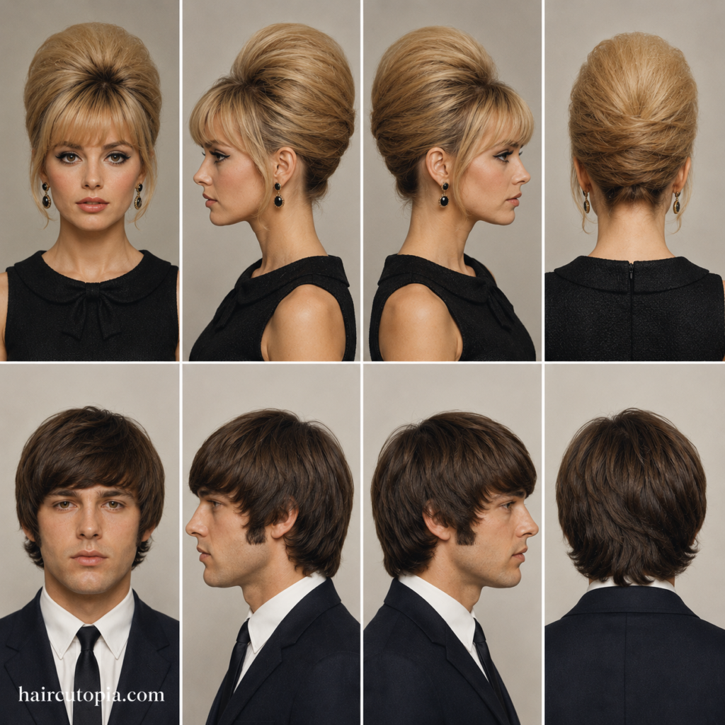 Front, left, right, and back views of iconic 1960s hairstyles for a woman with a beehive updo and a man with a classic mop top hairstyle.