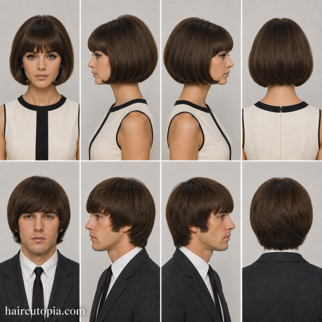 Front, left, right, and back views of iconic 1960s haircuts featuring a woman with a precision bob haircut and a man with a classic Beatles-inspired mop top.
