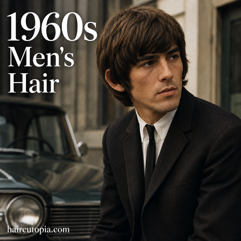 Editorial-style portrait of a man with a classic 1960s mop top hairstyle wearing a tailored suit, representing iconic men's hair trends of the decade.