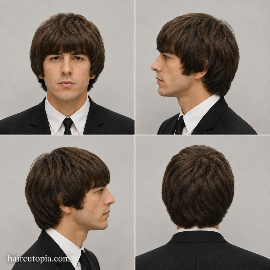 Front, left, right, and back views of a classic 1960s men's mop top haircut shown in a realistic studio reference collage.