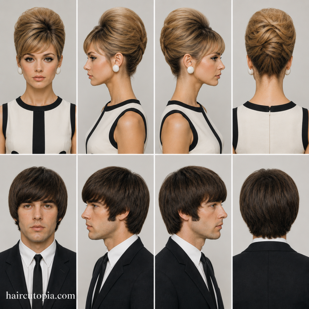 Front, left, right, and back views of iconic 1960s popular styles featuring a woman with a beehive hairstyle and a man with a classic mop top haircut.