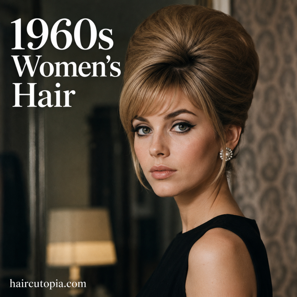 Editorial-style portrait of a woman with a classic 1960s beehive hairstyle, showcasing one of the decade's most iconic women's hair trends.