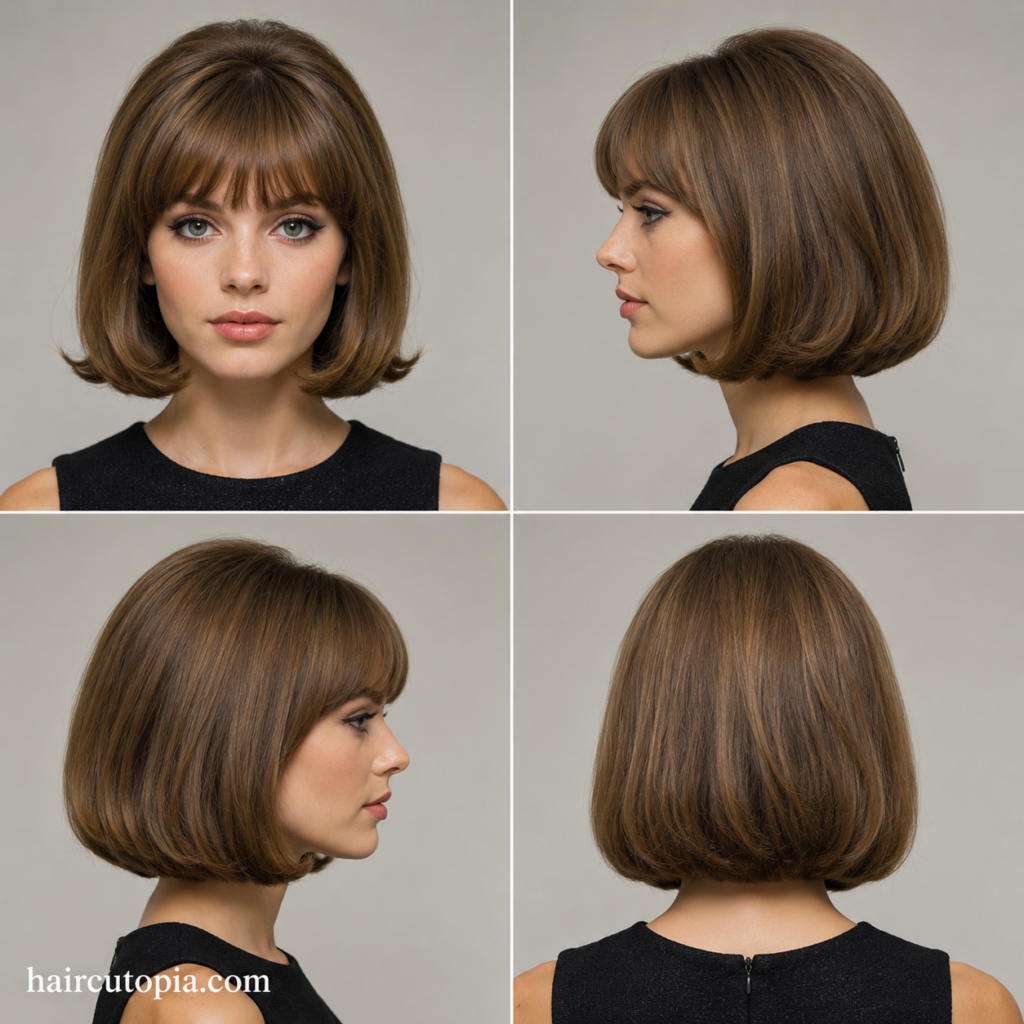 Front, left, right, and back views of a classic 1960s women's bob hairstyle shown in a realistic studio reference collage.