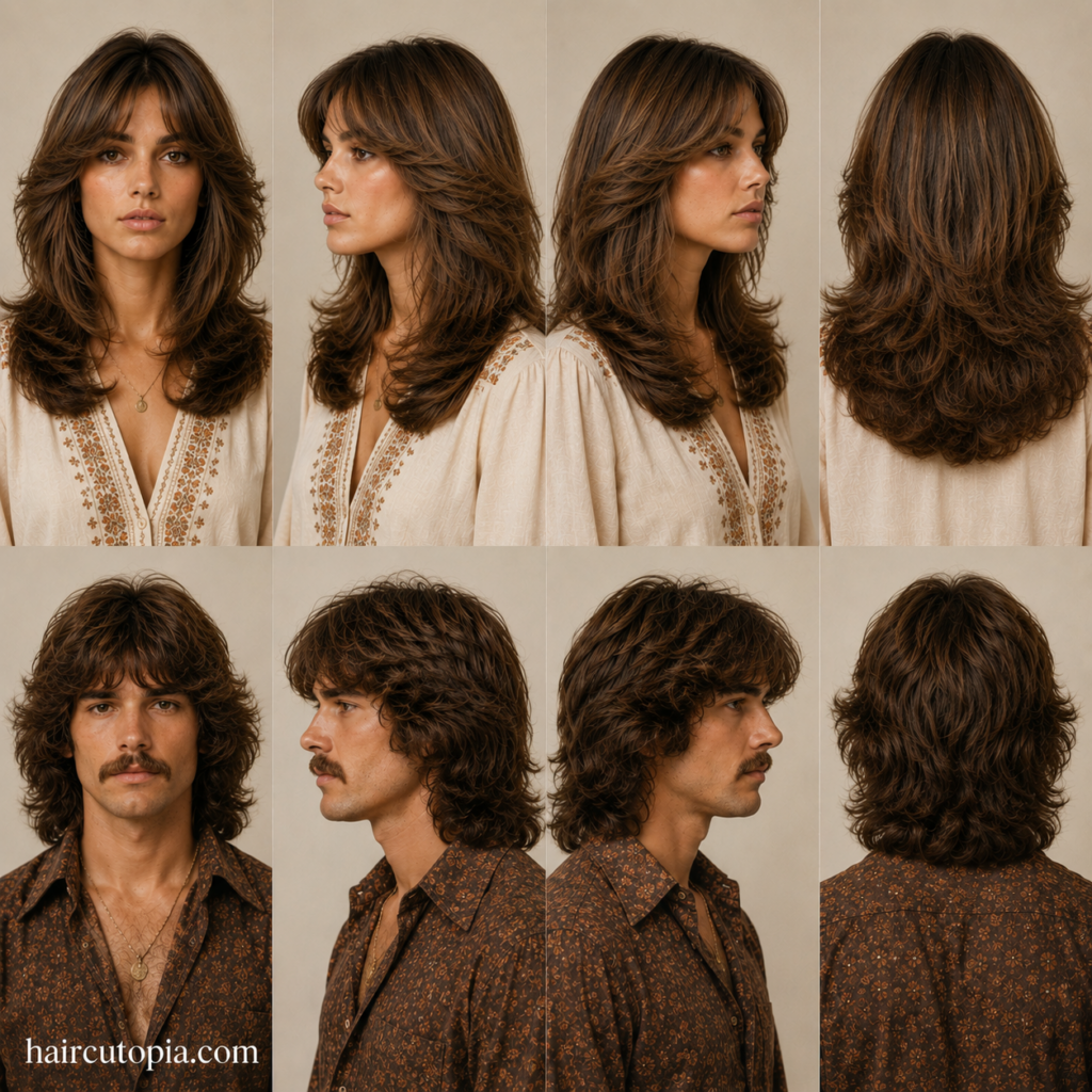 Front, left, right, and back views of authentic 1970s hairstyles for a woman and mustached man.