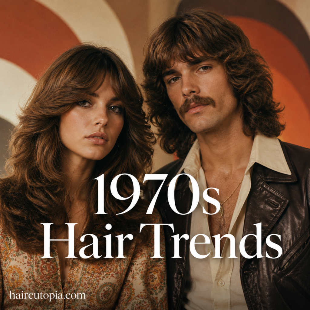 Man and woman showcasing iconic 1970s hair trends with feathered layers, shag styling, and vintage-inspired fashion.