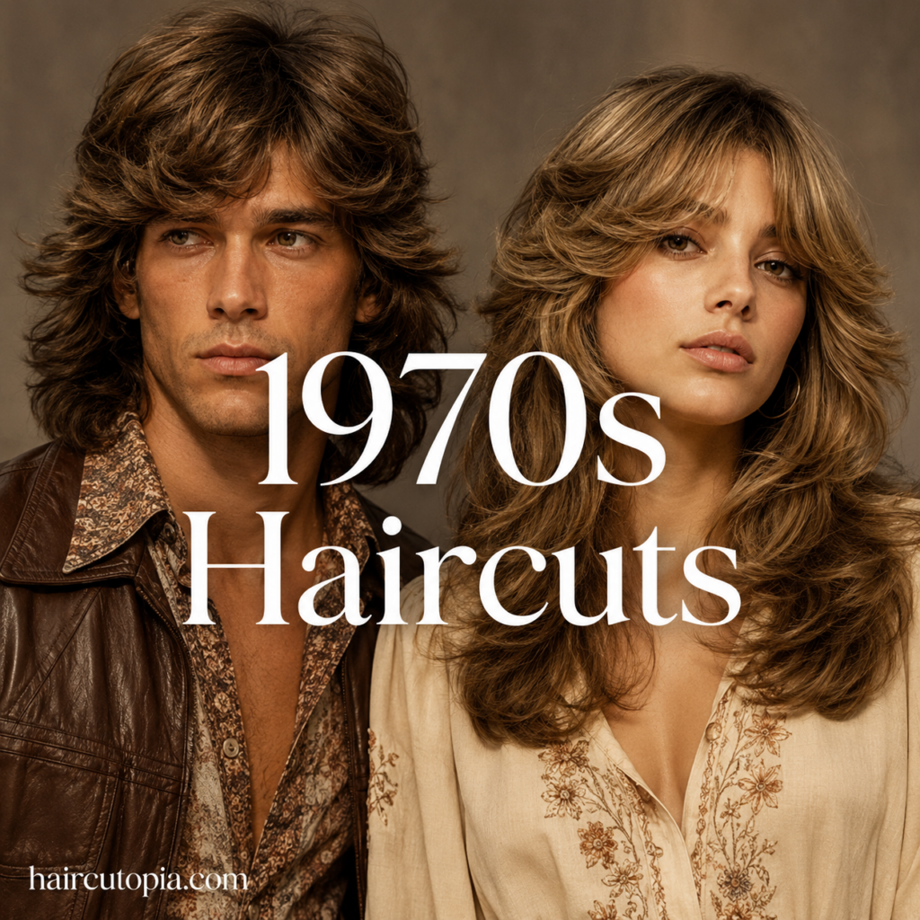 Man and woman showcasing iconic 1970s haircuts with feathered layers and retro-inspired hairstyles.