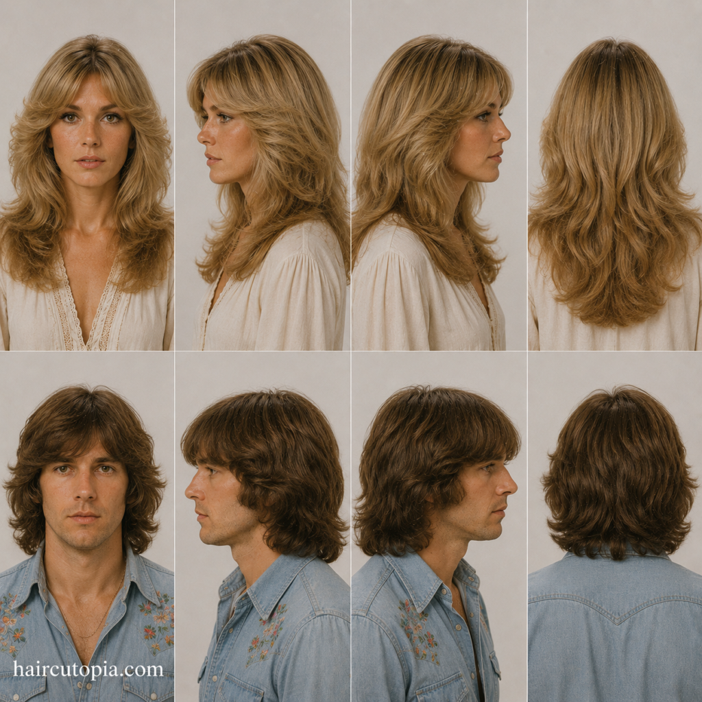 Front, left, right, and back views of 1970s hairstyles featuring a woman with feathered layers and a man with a classic shag haircut.