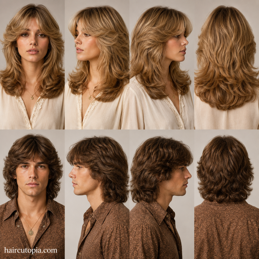 Front, left, right, and back views of authentic 1970s haircuts for a woman and man.