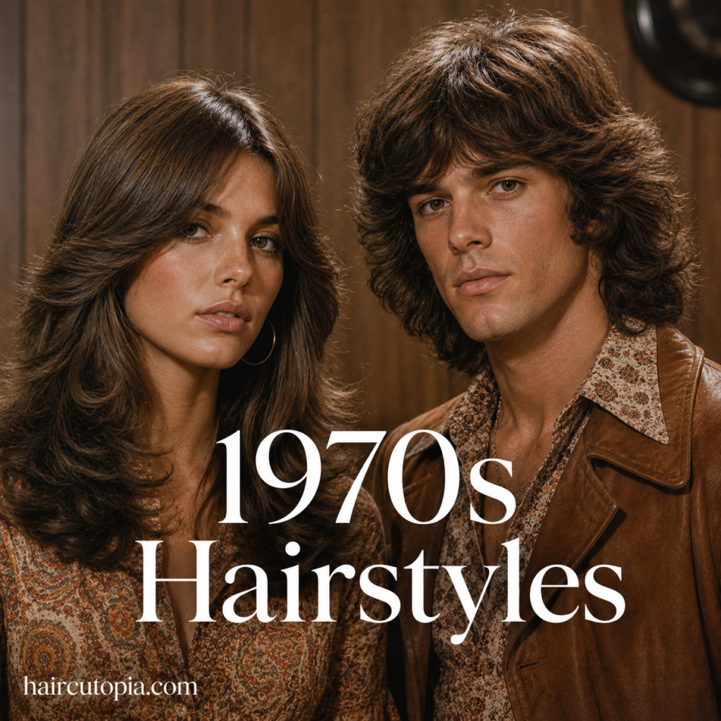 Man and woman with iconic 1970s hairstyles featuring feathered layers, shag hair, and retro-inspired styling.