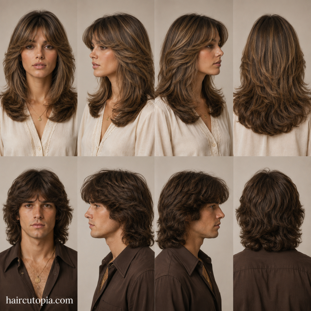 Front, left, right, and back views of authentic 1970s hairstyles for a woman and man.