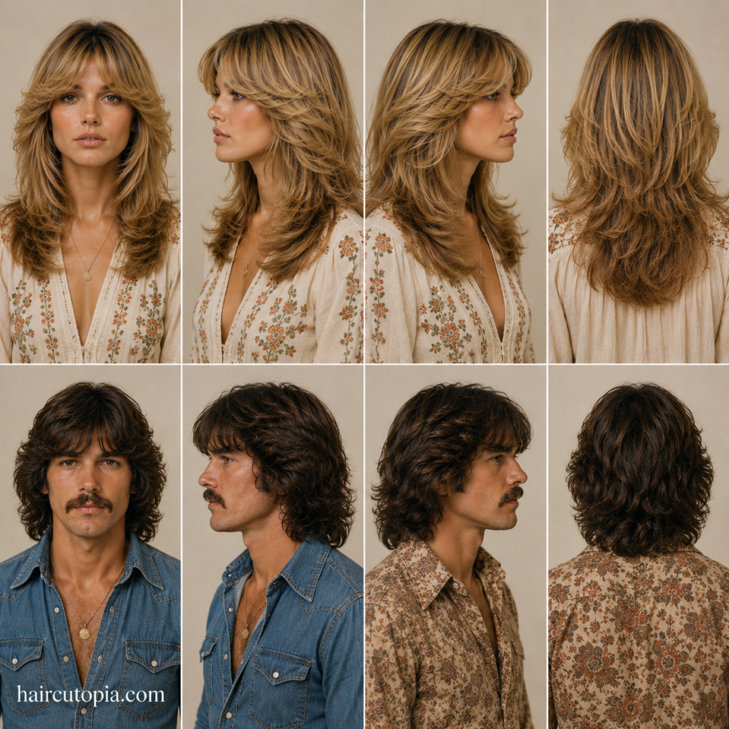Front, left, right, and back views of iconic 1970s haircuts featuring a feathered-haired woman and a mustached man with a classic shag haircut.