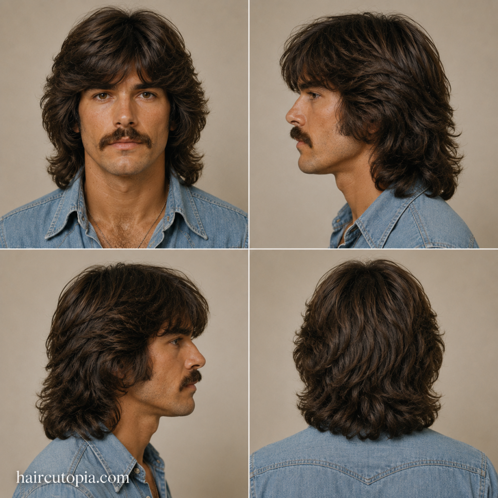 Front, left, right, and back views of a classic 1970s men's shag haircut with feathered layers and a vintage mustache.