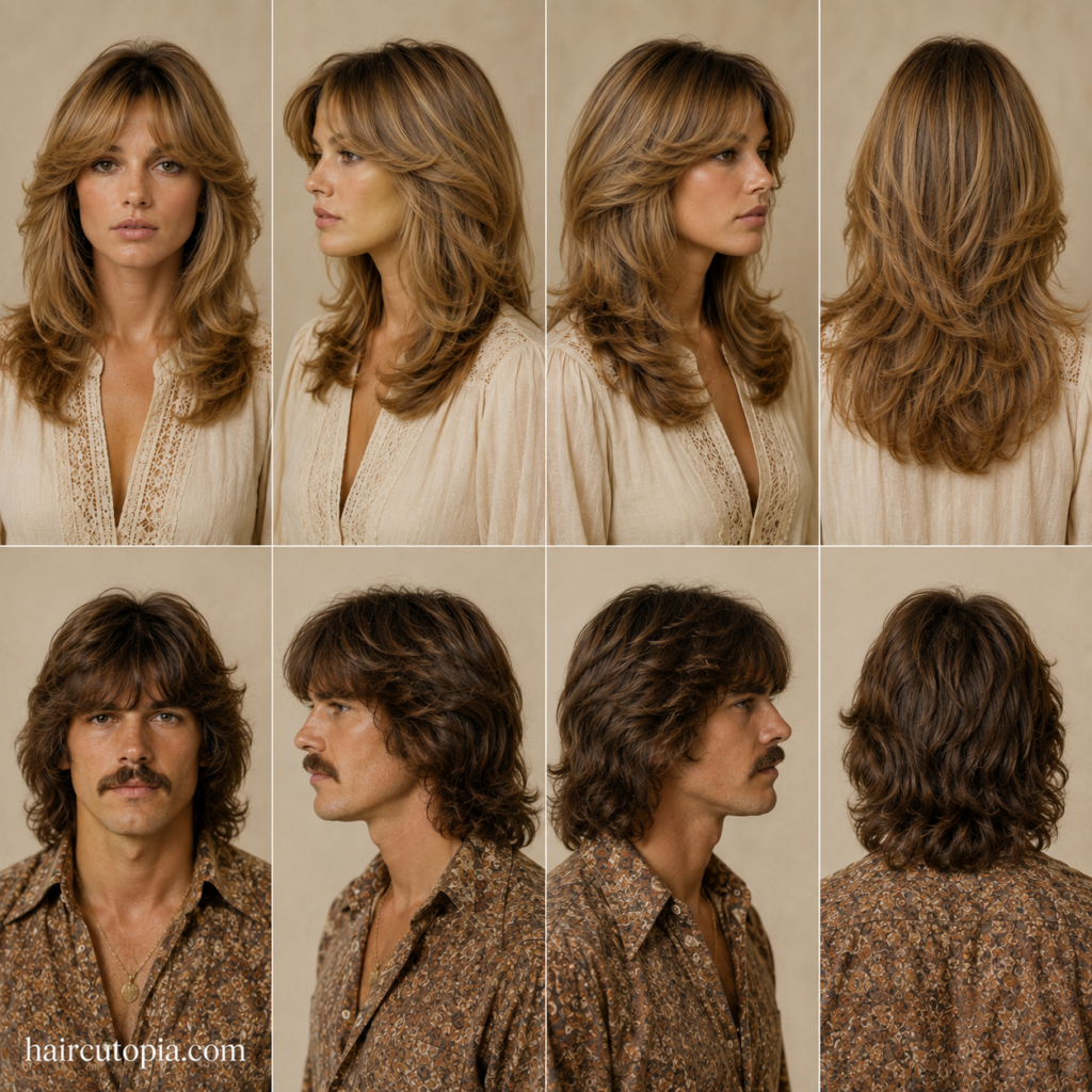Front, left, right, and back views of popular 1970s hairstyles for a feathered-haired woman and a mustached man with a shag haircut.